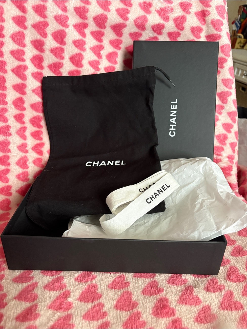 CHANEL Black Dust Bag with White Logo and Ribbon Set